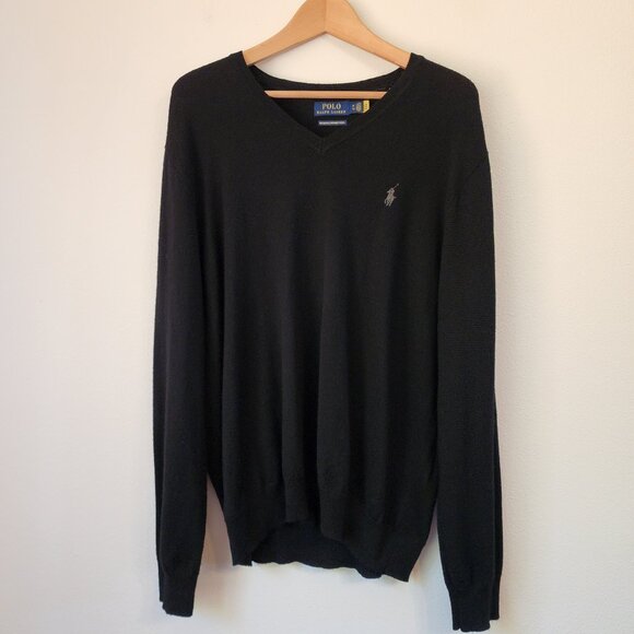 Polo Ralph Lauren V Neck Merino Wool Sweater Men XL/TG Black